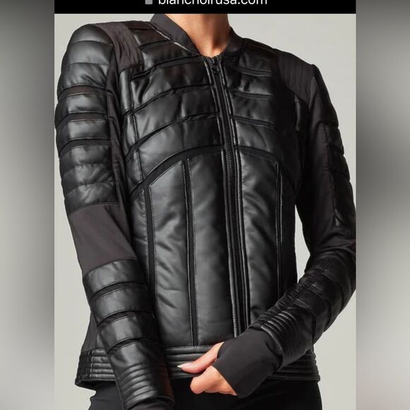 Blank Noir black, faux leather motto jacket, water resistant, thumbholes, mesh,S